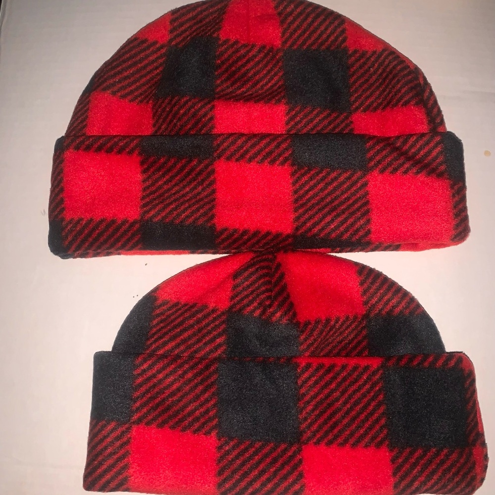 Adult & Child Red and Black Plaid double layer fleece fold brim Beanie Set